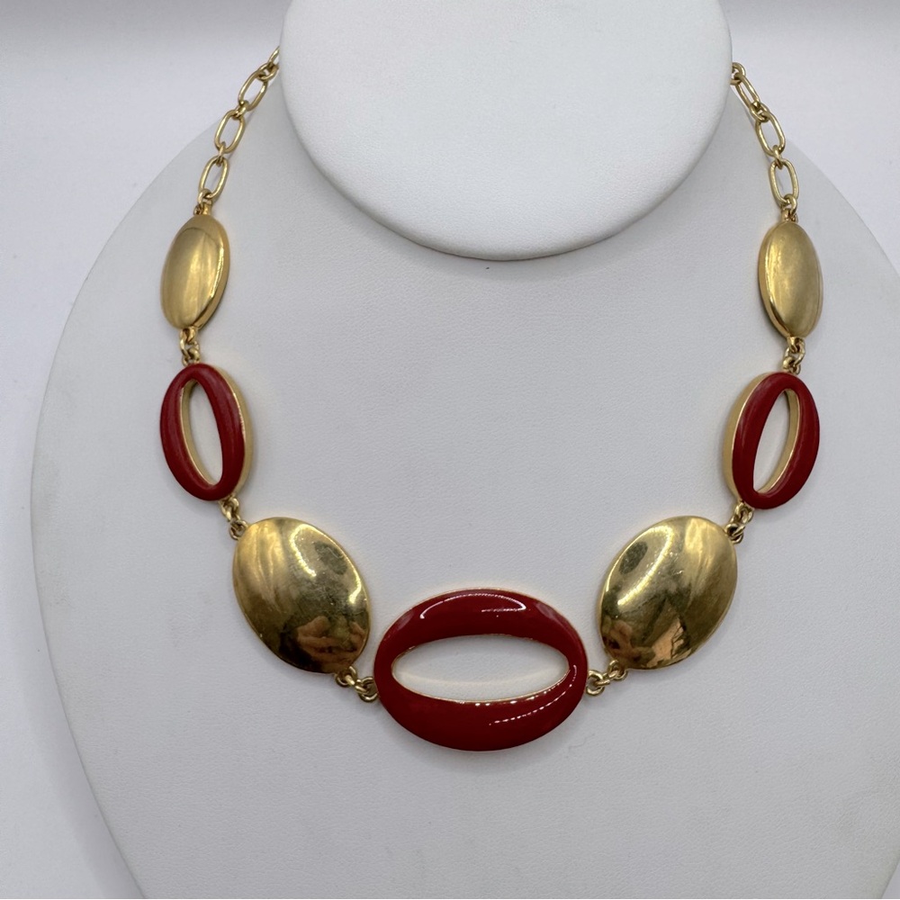 Trifari gold tone red enamel collar necklace statement retro